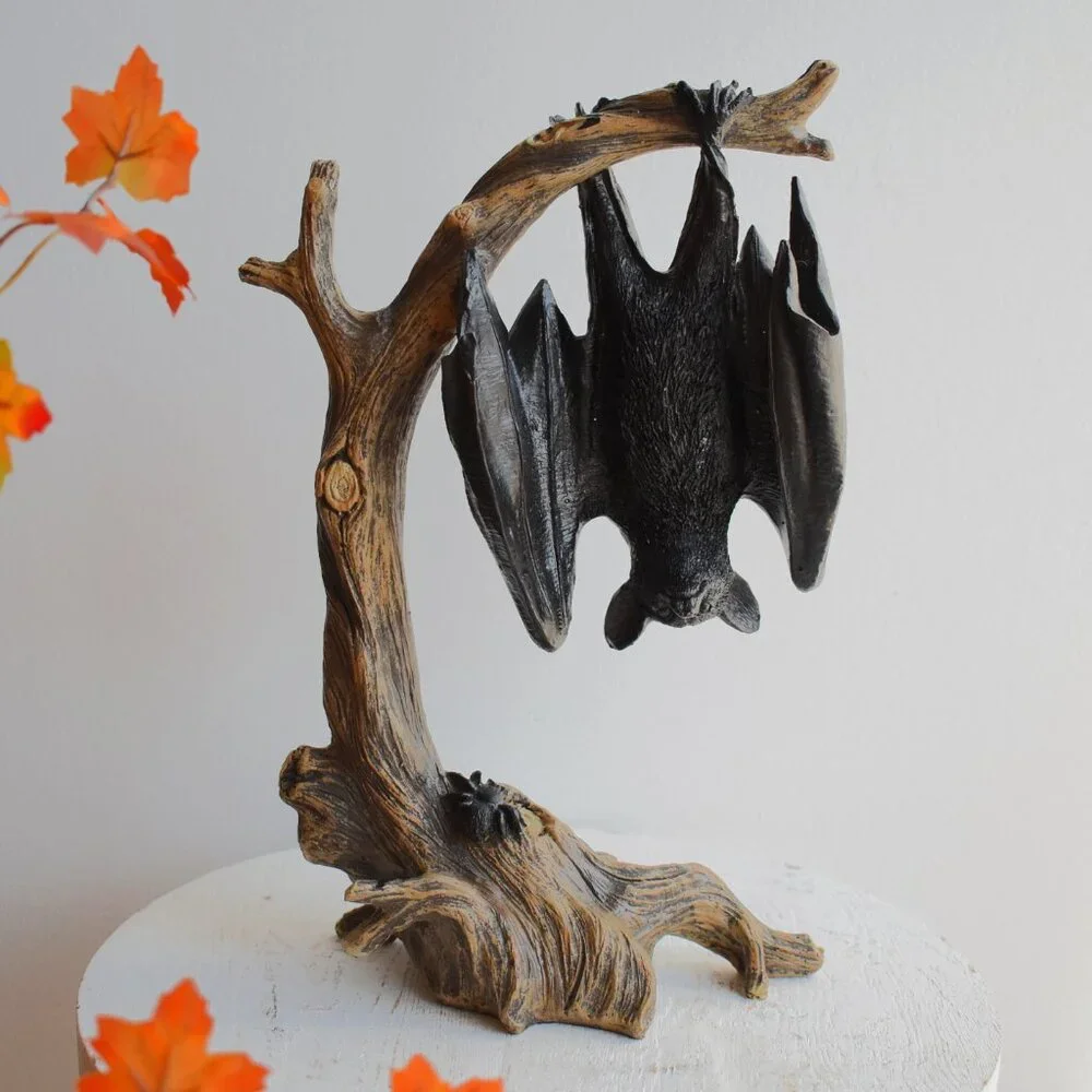 Ashland Resin Black Bat Hanging From Branch Rustic Witchy Gothic Halloween Decor